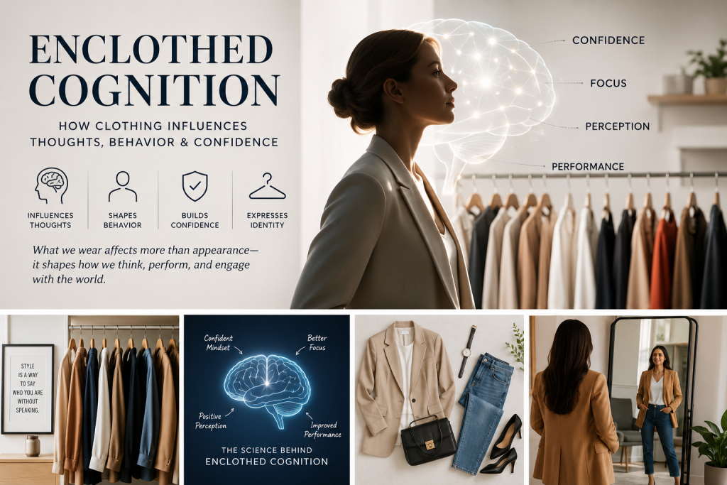 Enclothed cognition infographic showing how clothing influences confidence, thoughts, behavior, focus, perception, performance, personal identity, and self-expression.